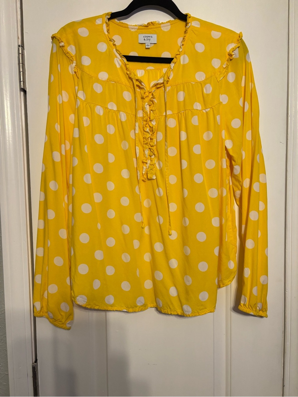 crown & ivy Yellow Polka Dot Ruffle-Tie Long Sleeve Blouse